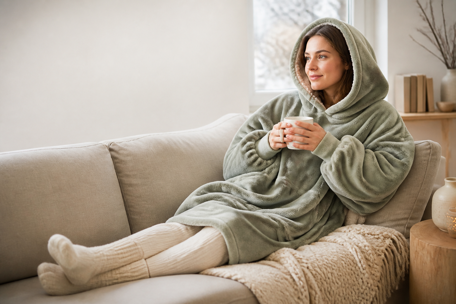 Beige Hoodie-Decke als gemütlicher Kuschelpullover