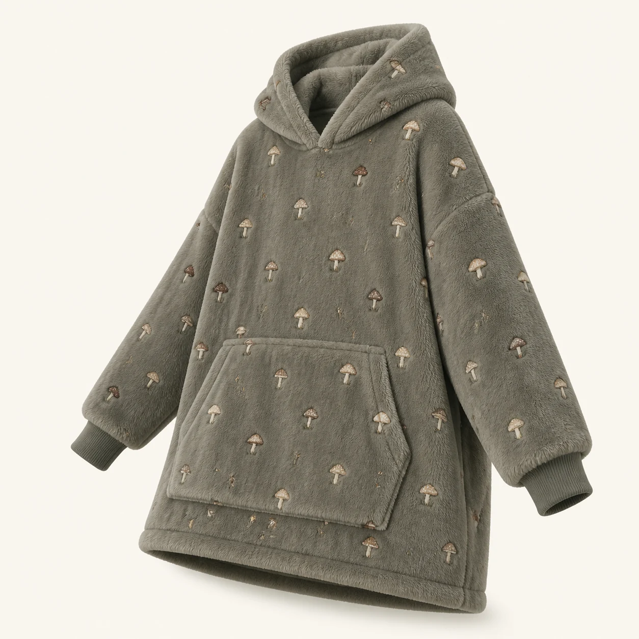 Grau-olivgrüne BEDSURE Hoodie-Decke mit Pilzmuster