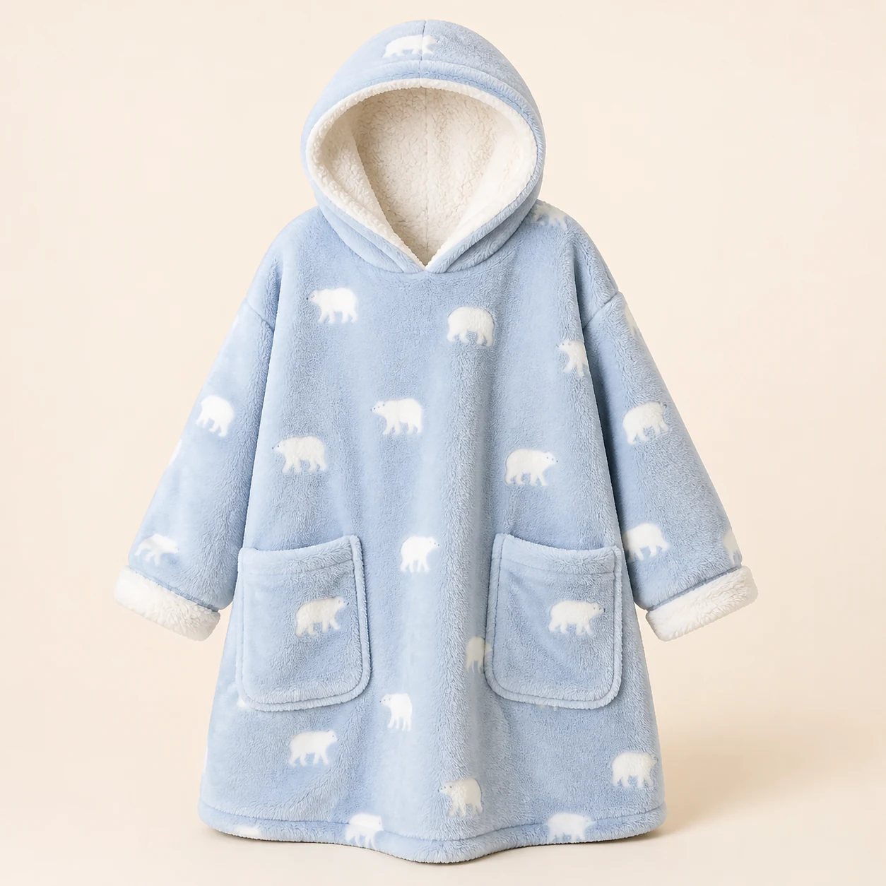 Hellblaue MOKANI Kinder-Hoodie-Decke mit Eisbärenmuster